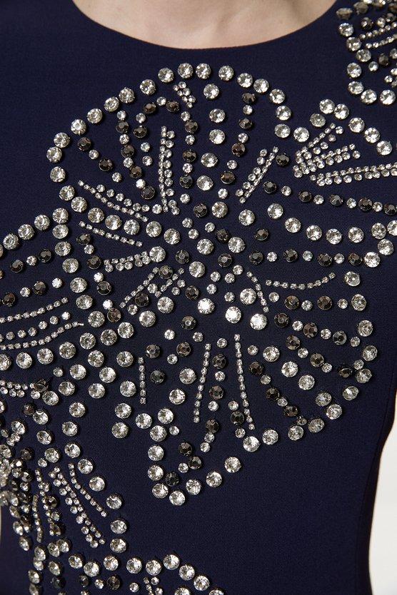 Karen Millen Placed Floral Crystal Embellished Tailored Cape Maxi Dress Navy