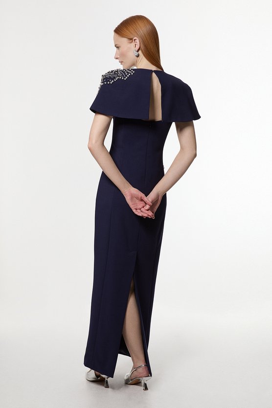 Karen Millen Placed Floral Crystal Embellished Tailored Cape Maxi Dress Navy