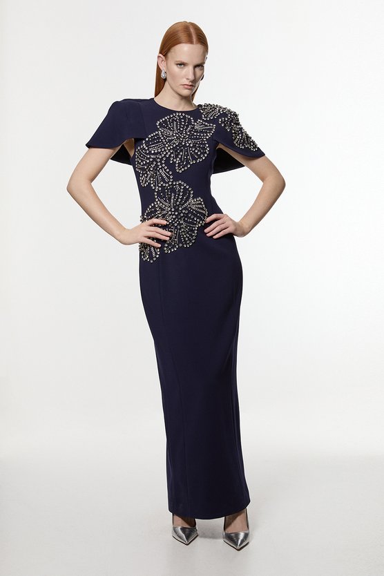 karen millen Placed Floral Crystal Embellished Tailored Cape Maxi Dress navy