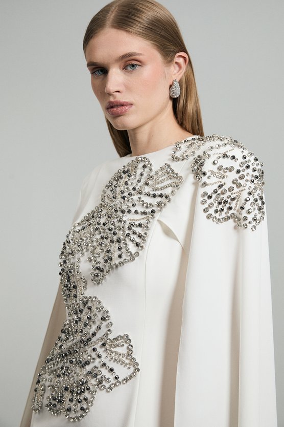 Karen Millen Placed Floral Crystal Embellished Tailored Drama Cape Maxi Dress Ivory