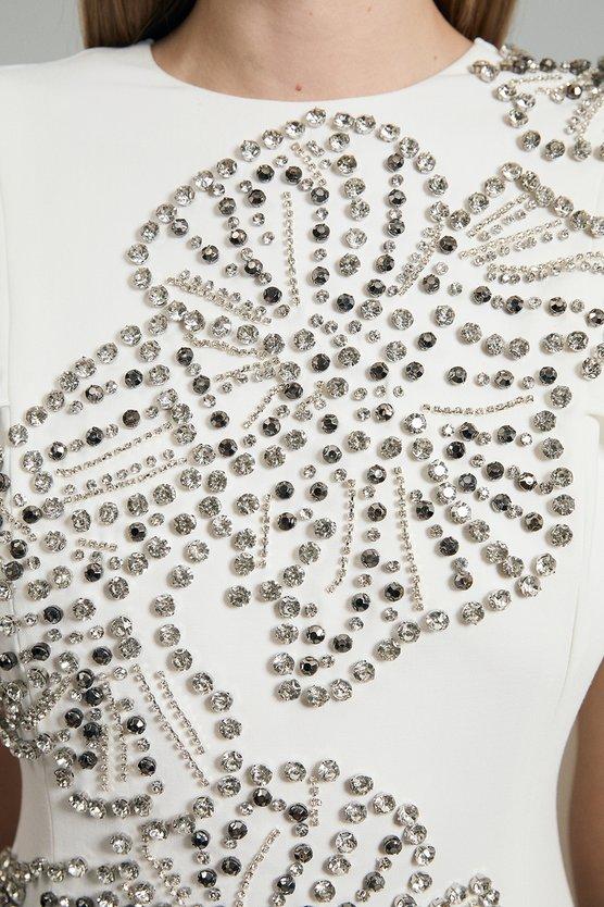 Karen Millen Placed Floral Crystal Embellished Tailored Drama Cape Maxi Dress Ivory