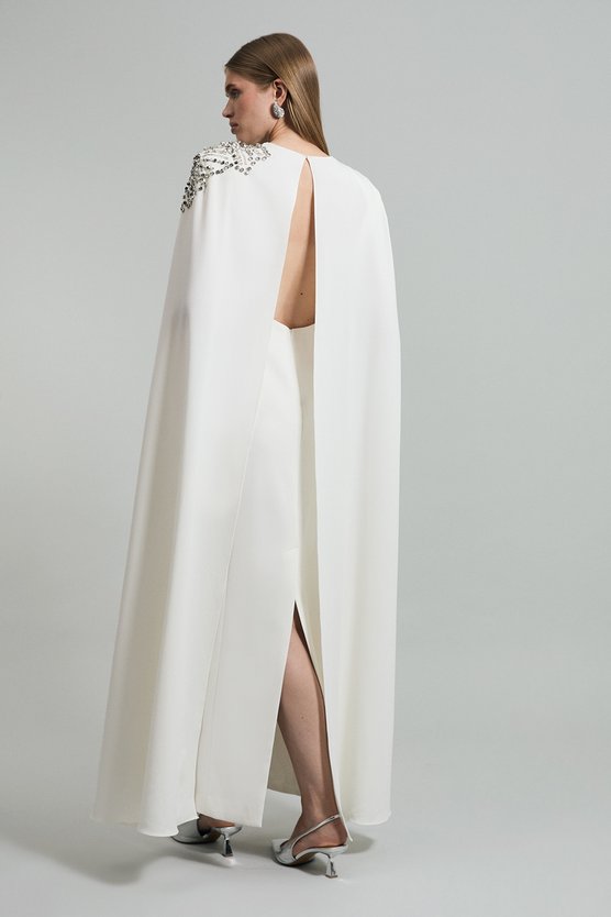 Karen Millen Placed Floral Crystal Embellished Tailored Drama Cape Maxi Dress Ivory