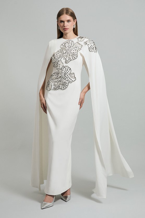 karen millen Placed Floral Crystal Embellished Tailored Drama Cape Maxi Dress ivory