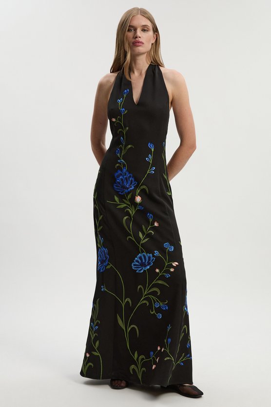 Karen Millen Placed Floral Halter Embroidered Crepe Woven Maxi Dress Black