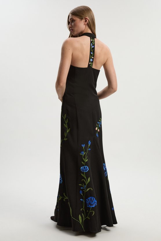 Karen Millen Placed Floral Halter Embroidered Crepe Woven Maxi Dress Black
