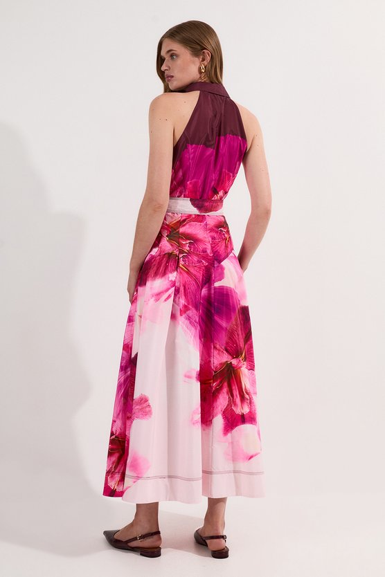 Karen Millen Placed Floral Taffeta Belted Woven Maxi Shirt Dress Floral