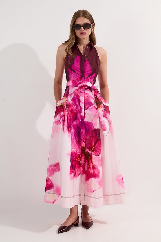 karen millen Placed Floral Taffeta Belted Woven Maxi Shirt Dress floral