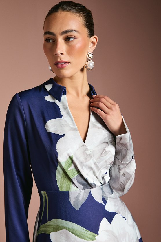 Karen Millen Placement Print Wrap Front Maxi Dress Navy