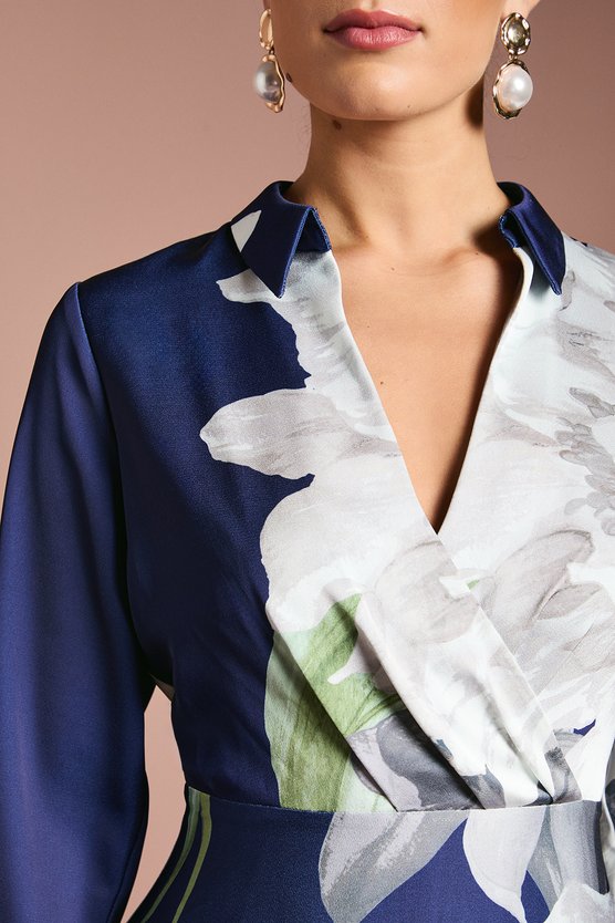 Karen Millen Placement Print Wrap Front Maxi Dress Navy