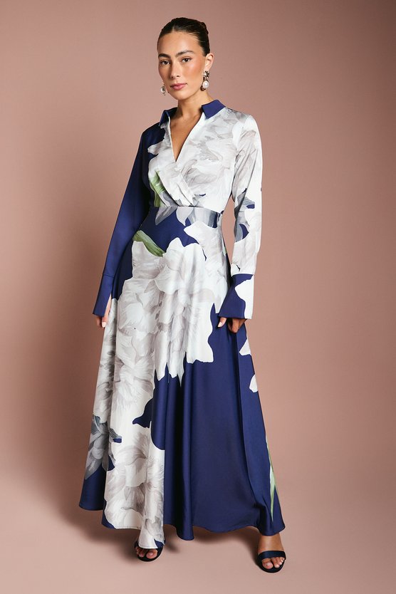 karen millen Placement Print Wrap Front Maxi Dress navy