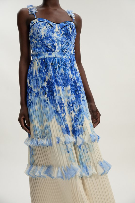 Karen Millen Pleat Detail Strappy Woven Maxi Dress Floral