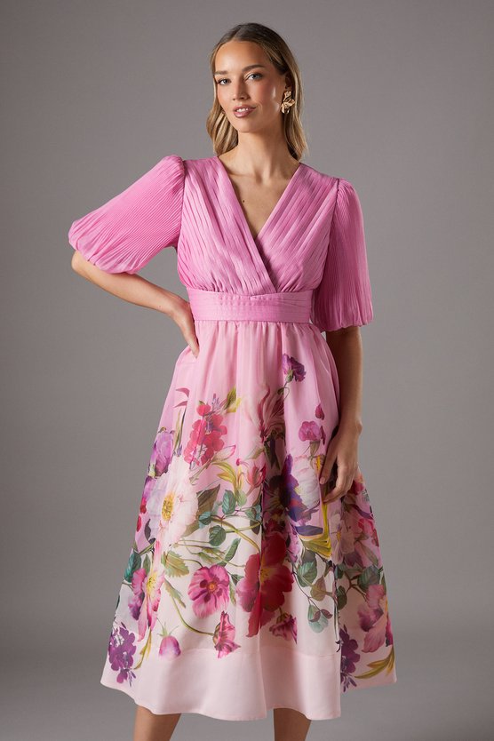 Karen Millen Pleat Wrap Puff Sleeve Organza Midi Dress Lilac