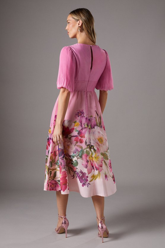 Karen Millen Pleat Wrap Puff Sleeve Organza Midi Dress Lilac