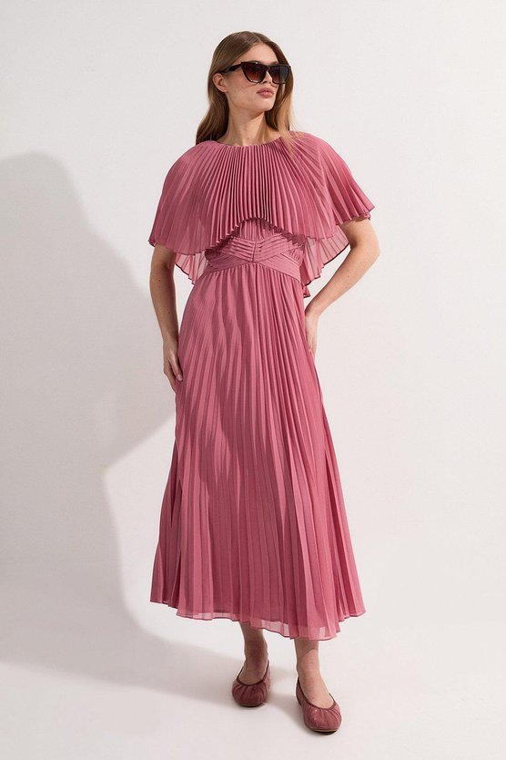 Karen Millen Pleated Cape Sleeve Low Back Maxi Dress Dusty Rose