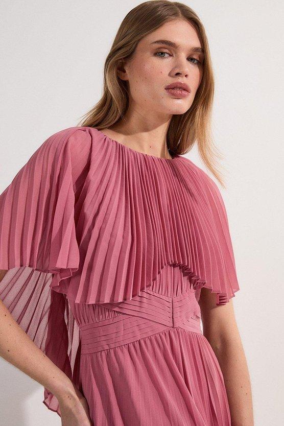 Karen Millen Pleated Cape Sleeve Low Back Maxi Dress Dusty Rose