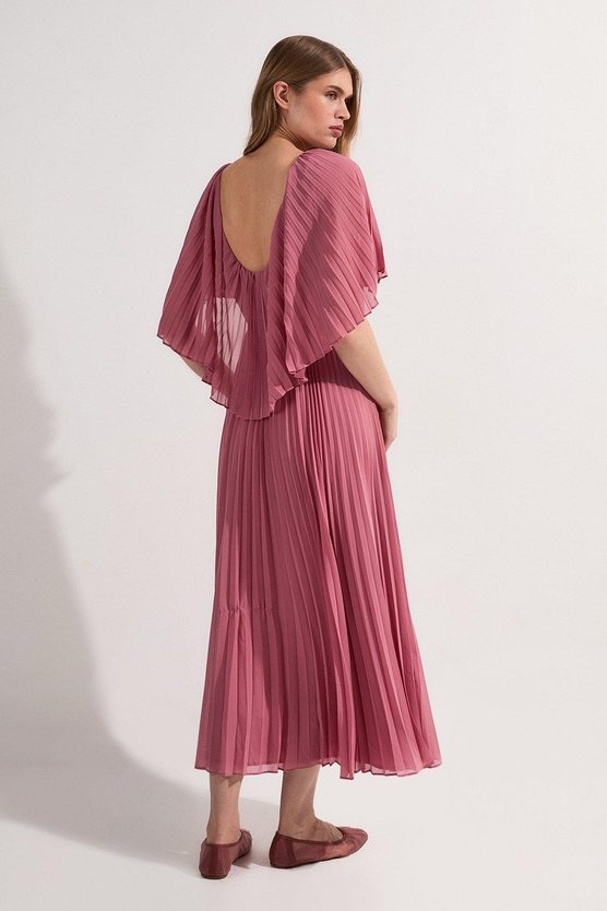 Karen Millen Pleated Cape Sleeve Low Back Maxi Dress Dusty Rose