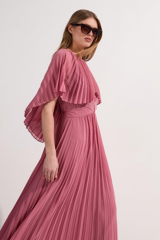 karen millen Pleated Cape Sleeve Low Back Maxi Dress dusty rose