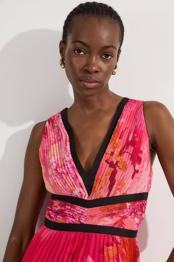 Karen Millen Pleated Floral Bodice Detail Woven Maxi Dress Pink