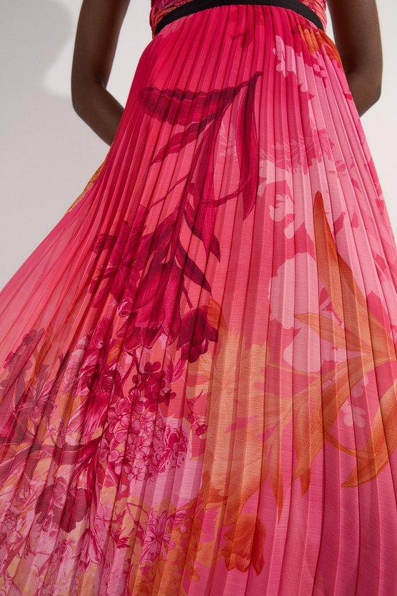 Karen Millen Pleated Floral Bodice Detail Woven Maxi Dress Pink