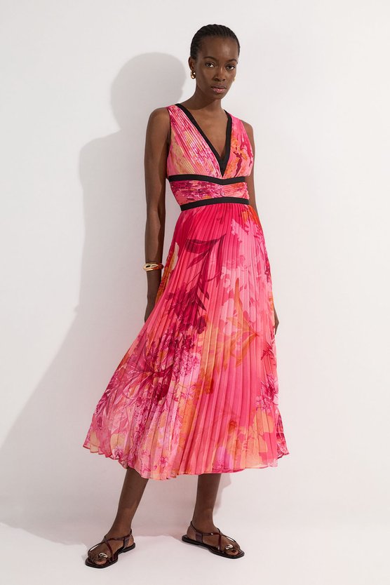 karen millen Pleated Floral Bodice Detail Woven Maxi Dress pink