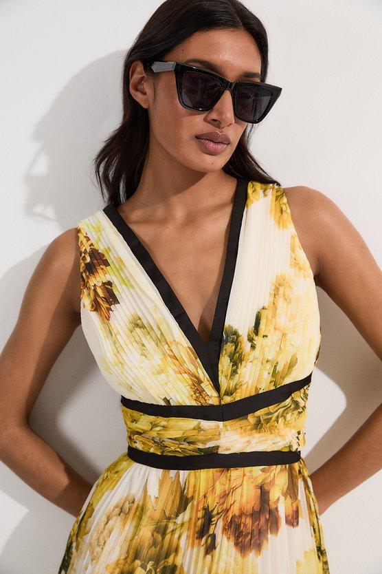 Karen Millen Pleated Floral Bodice Detail Woven Maxi Dress Yellow