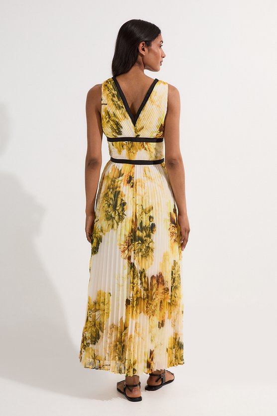 Karen Millen Pleated Floral Bodice Detail Woven Maxi Dress Yellow