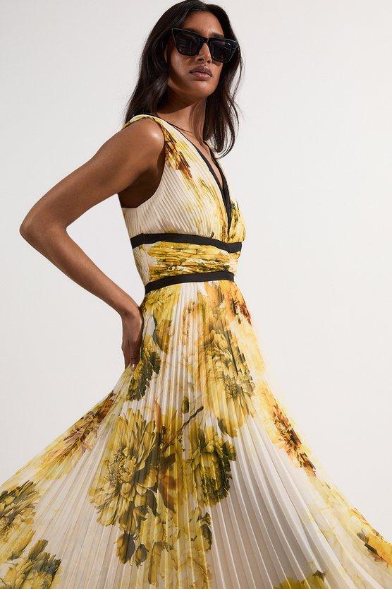 karen millen Pleated Floral Bodice Detail Woven Maxi Dress yellow