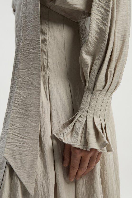 Karen Millen Pleated Neck Tie Detail Woven Maxi Dress Stone