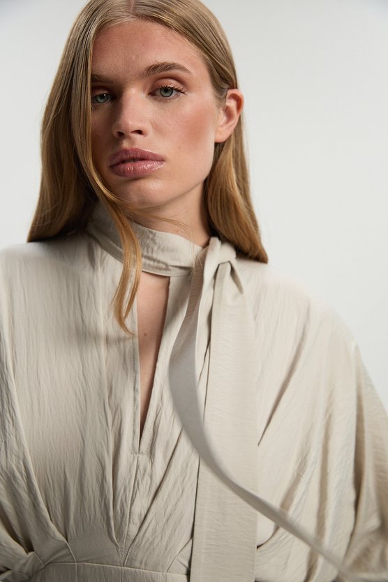 Karen Millen Pleated Neck Tie Detail Woven Maxi Dress Stone