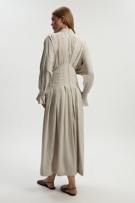 Karen Millen Pleated Neck Tie Detail Woven Maxi Dress Stone