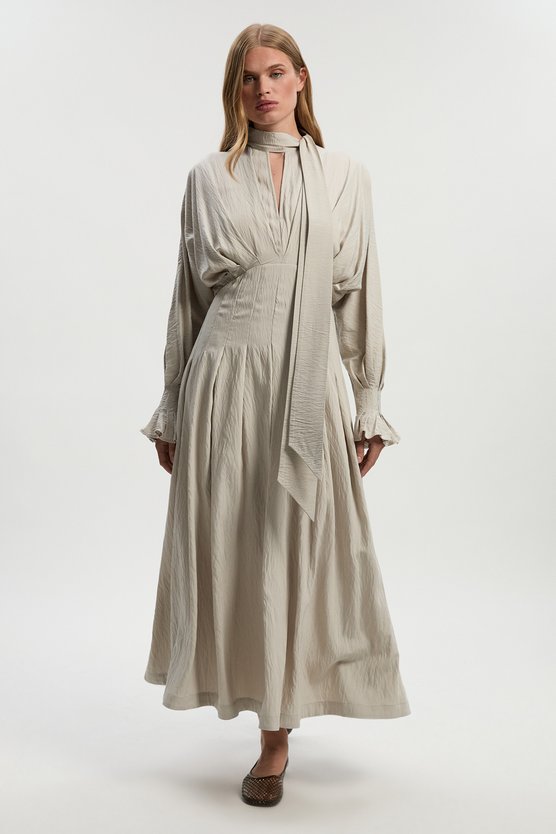 karen millen Pleated Neck Tie Detail Woven Maxi Dress stone