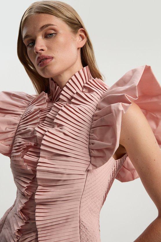Karen Millen Pleated Ruffle Sleeve Woven Maxi Dress Blush