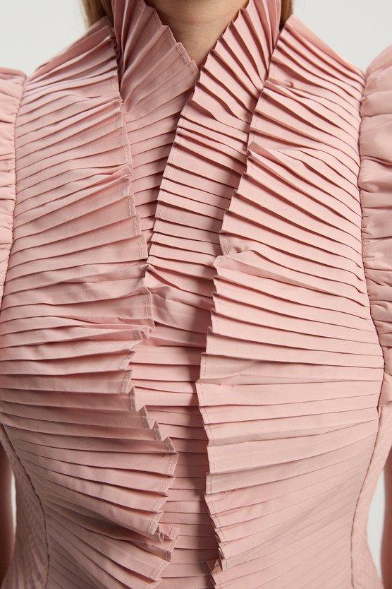 Karen Millen Pleated Ruffle Sleeve Woven Maxi Dress Blush