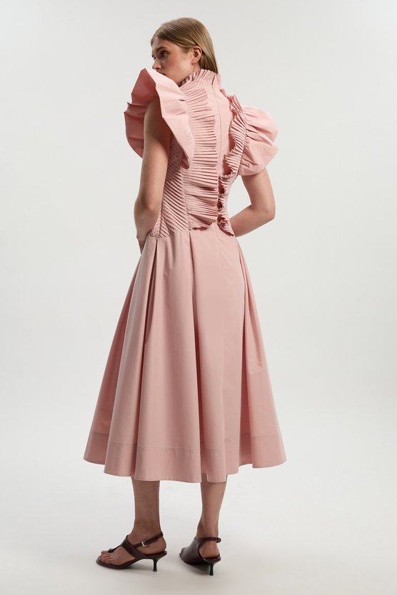 Karen Millen Pleated Ruffle Sleeve Woven Maxi Dress Blush
