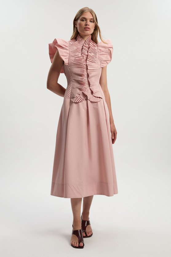 karen millen Pleated Ruffle Sleeve Woven Maxi Dress blush