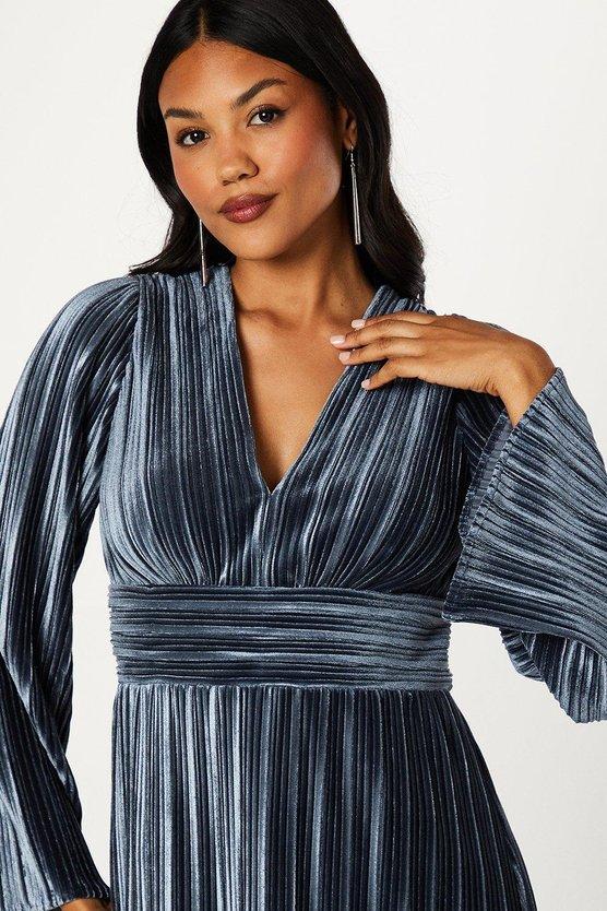 Karen Millen Pleated Velvet Long Sleeve Pencil Dress Steel