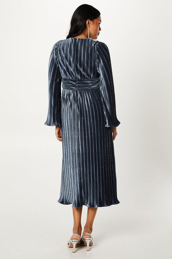 Karen Millen Pleated Velvet Long Sleeve Pencil Dress Steel