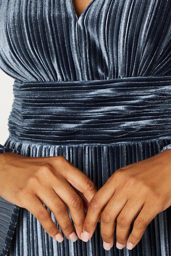 Karen Millen Pleated Velvet Long Sleeve Pencil Dress Steel