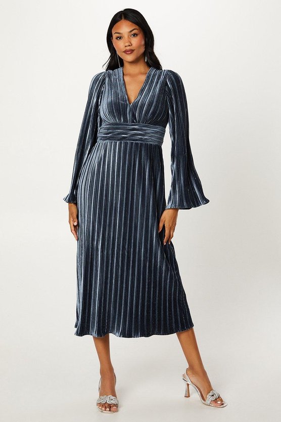 karen millen Pleated Velvet Long Sleeve Pencil Dress steel