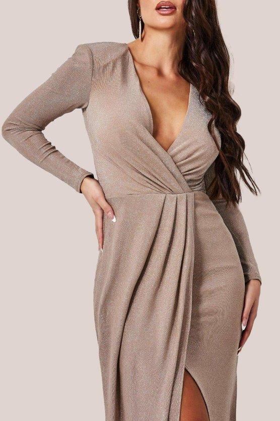 Karen Millen Plunge Neck Wrap Front Split Sparkling Maxi Dress Nude