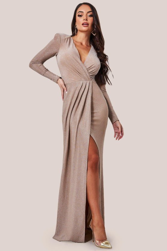 karen millen Plunge Neck Wrap Front Split Sparkling Maxi Dress Nude