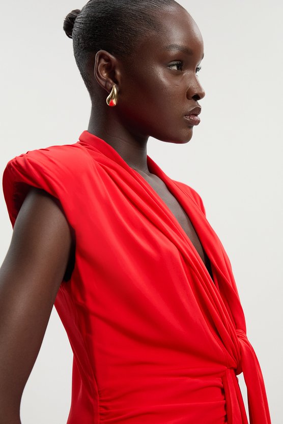 Karen Millen Plunge Ruched Twist Jersey Maxi Dress Red