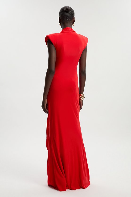 Karen Millen Plunge Ruched Twist Jersey Maxi Dress Red