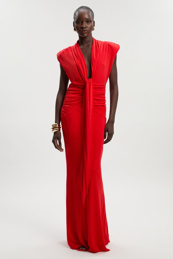 karen millen Plunge Ruched Twist Jersey Maxi Dress red