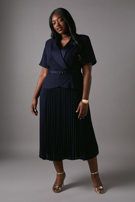 Karen Millen Plus 2 In 1 Wrap Dress With Pleated Skirt Navy