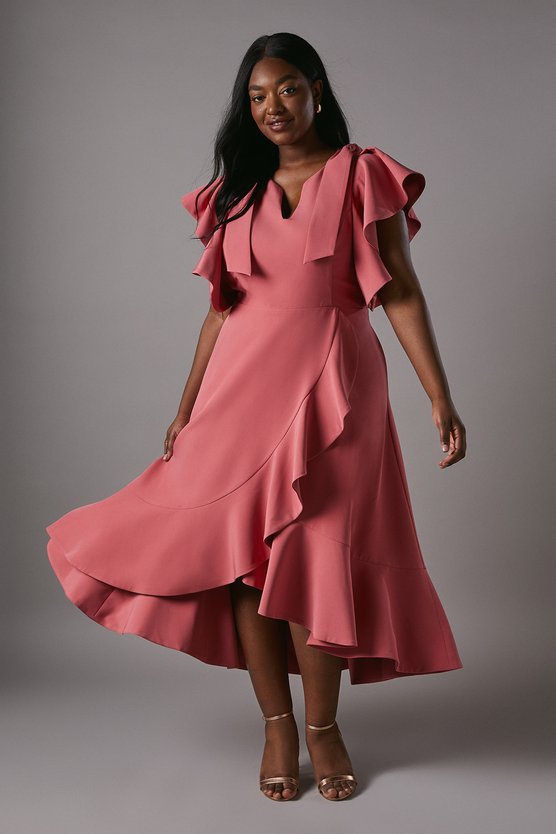 Karen Millen Plus Crepe Ruffle Wrap Midi Dress Blush