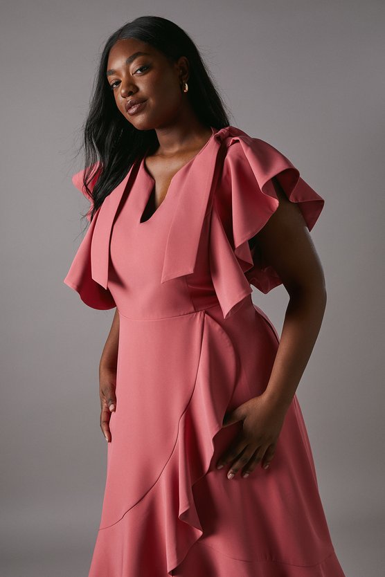 Karen Millen Plus Crepe Ruffle Wrap Midi Dress Blush