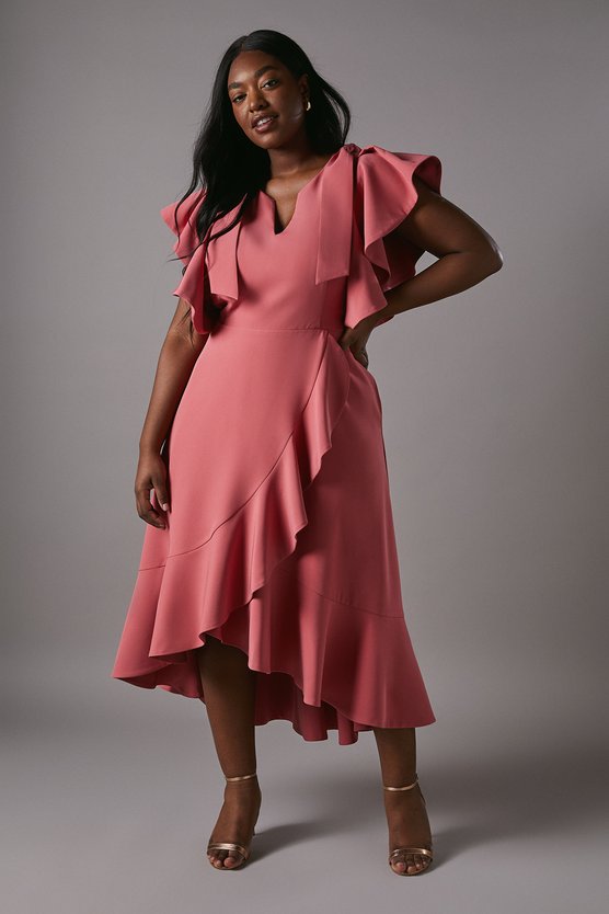 Karen Millen Plus Crepe Ruffle Wrap Midi Dress Blush