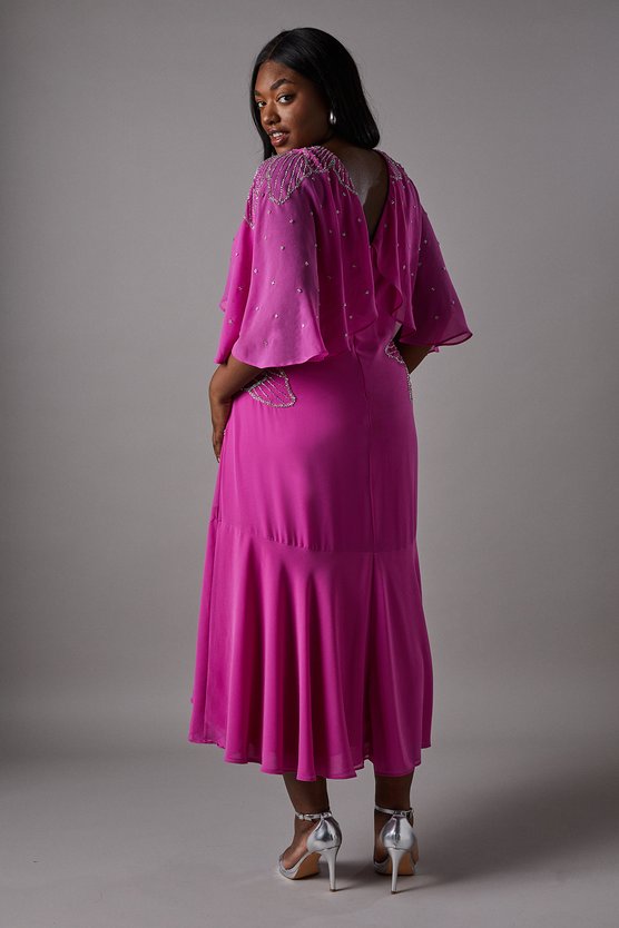 Karen Millen Plus Embellished Midi Dress With Cape Sleeves Pink