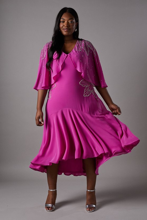 karen millen Plus Embellished Midi Dress With Cape Sleeves pink
